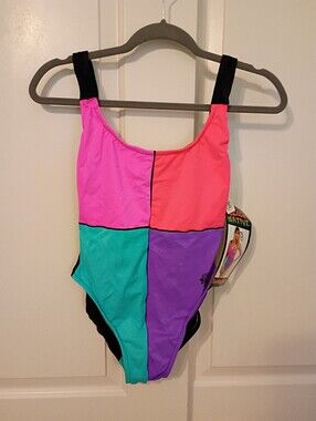 Vintage Beach Native Neon Color Block One Piece Swimsuit Size 11/12 Dead Stock